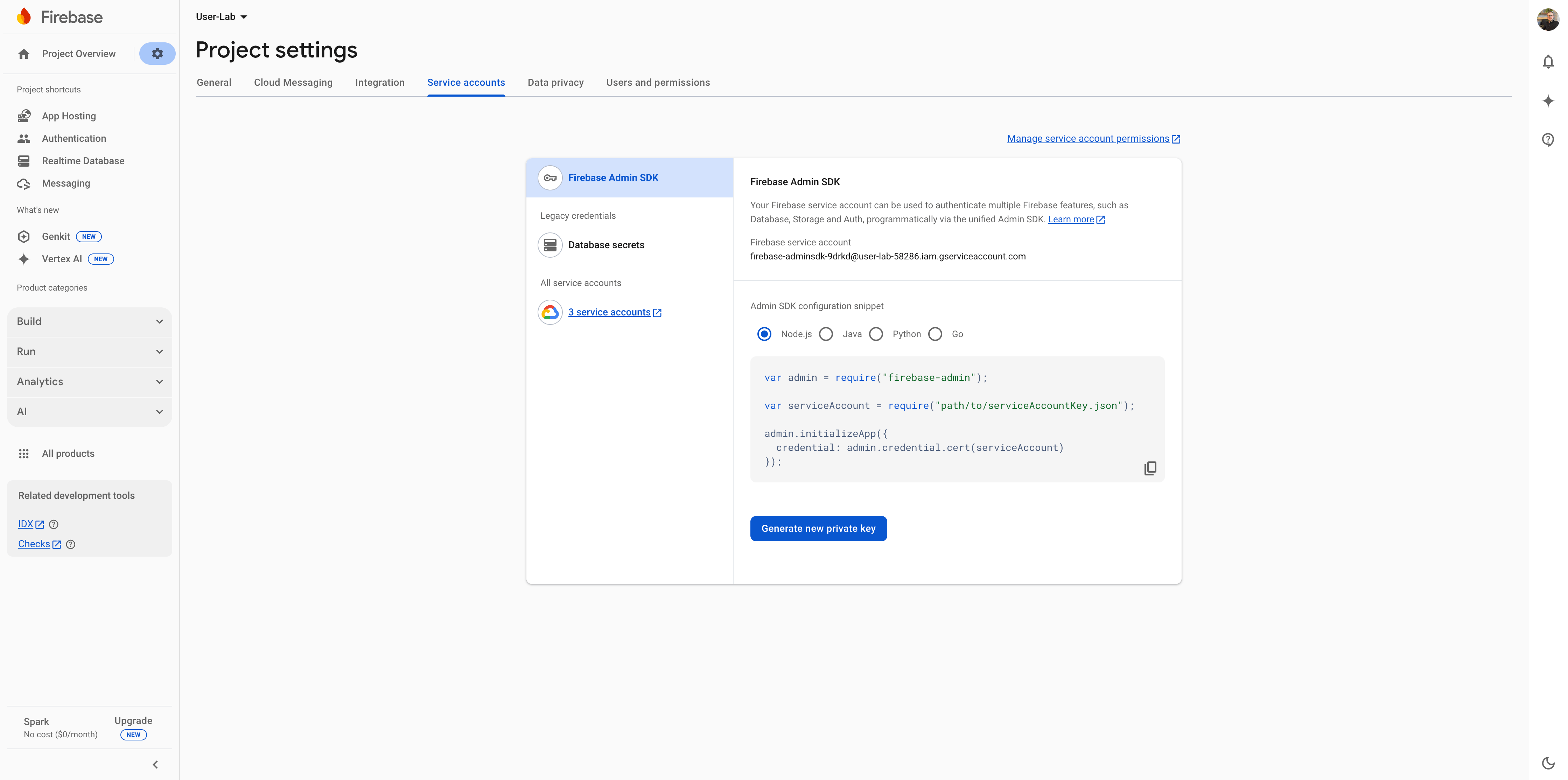 Firebase Console panel