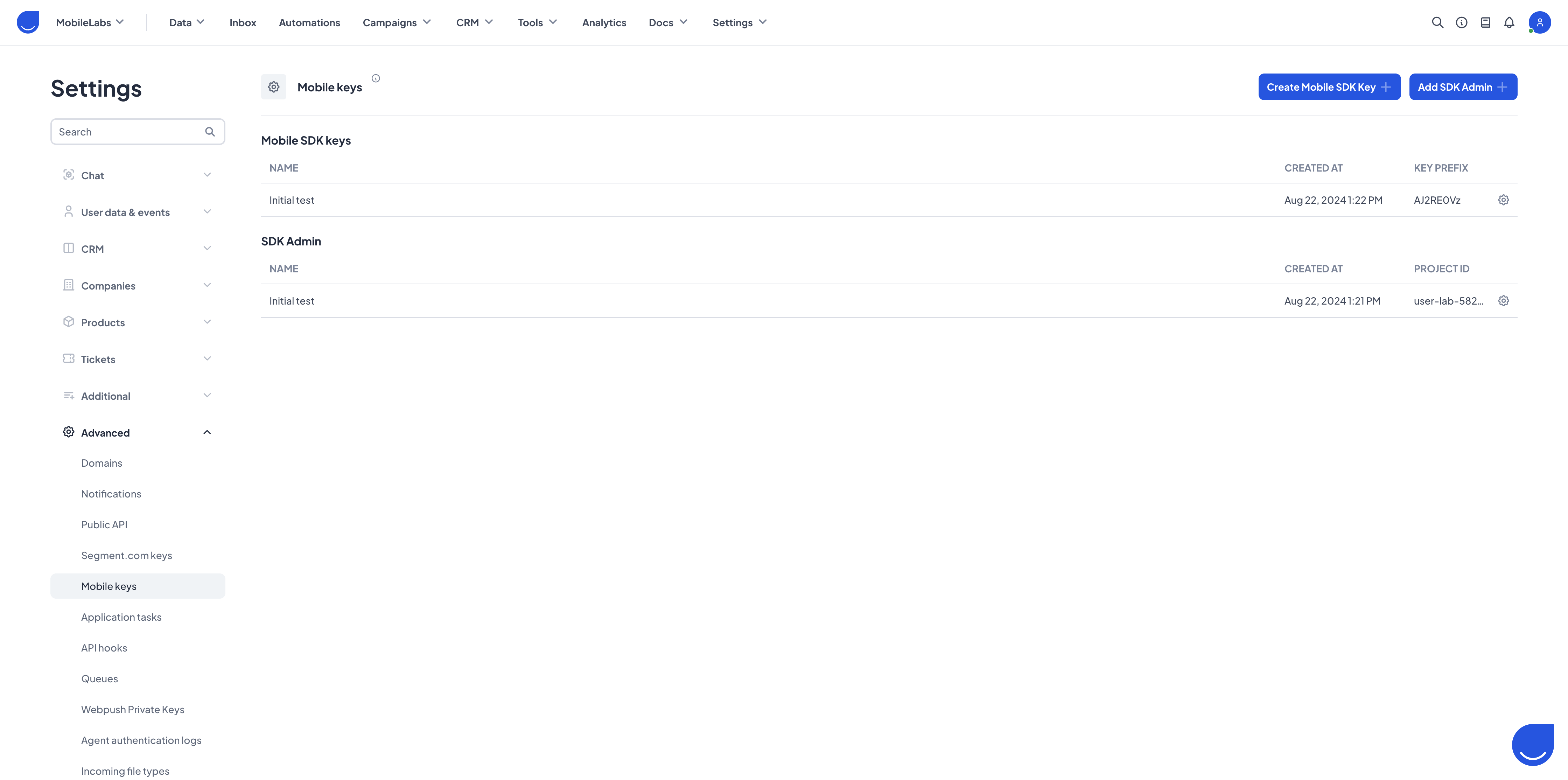User.com Mobile Settings Panel