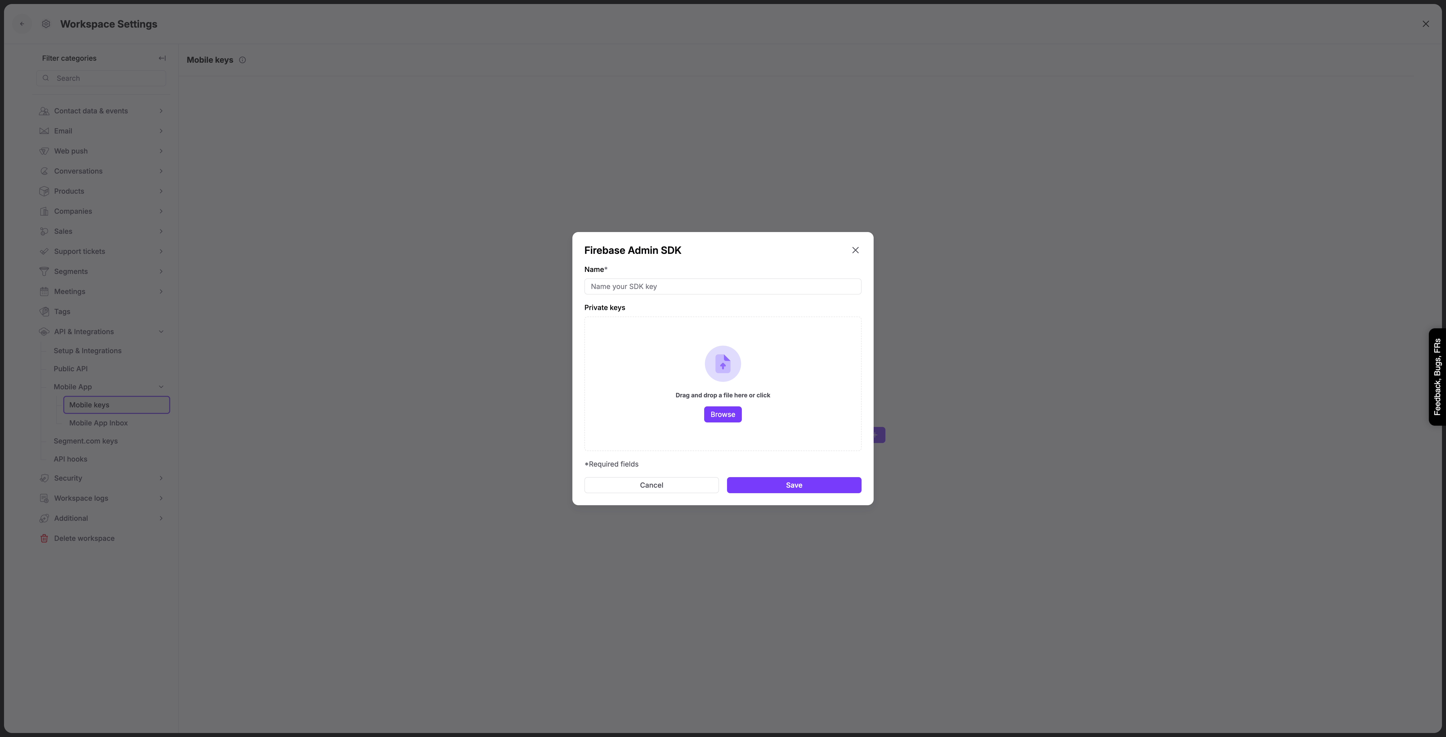 Firebase Service Key modal
